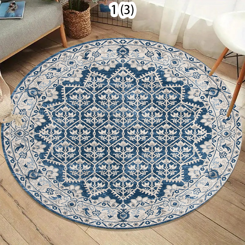 Home Toilet Bathroom Design - Boho Round Rug Non-Slip Retro Blue