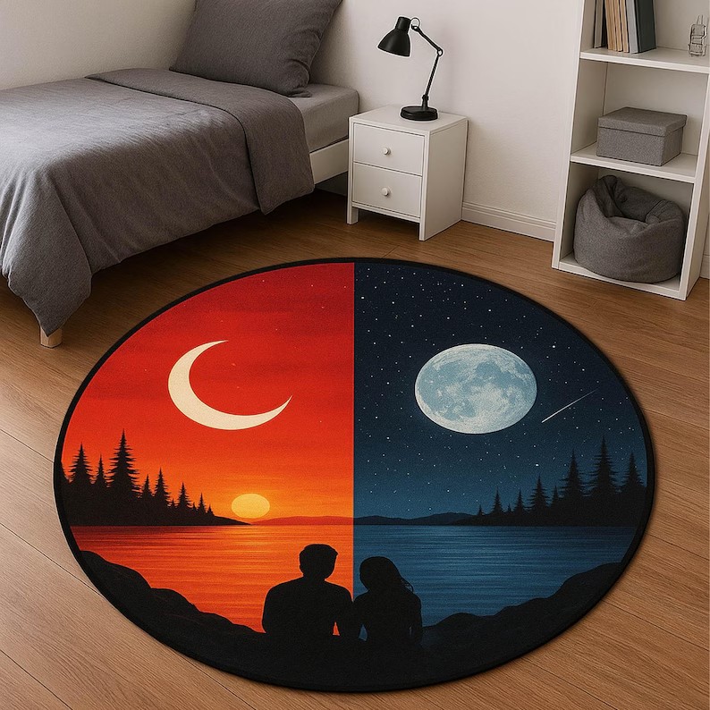 Home Toilet Bathroom Design - Romantic Couple Round Rug Day Night