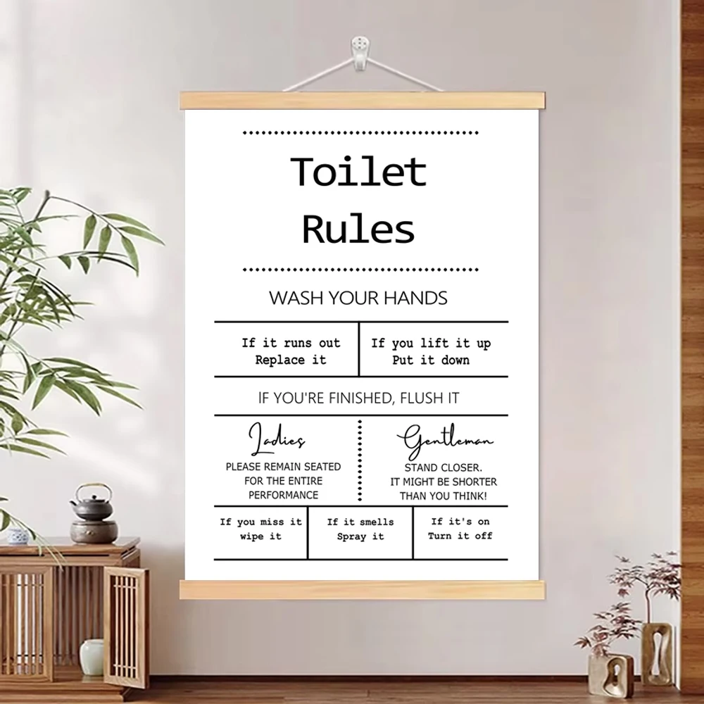 Home Bathroom Rules - Canvas Poster with Wooden Pole Hanger