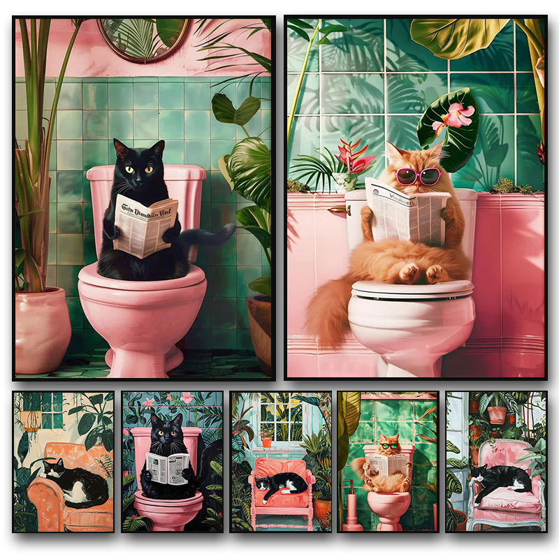 Home Bathroom Wall Art - Funny Cat on Toilet Wall Art