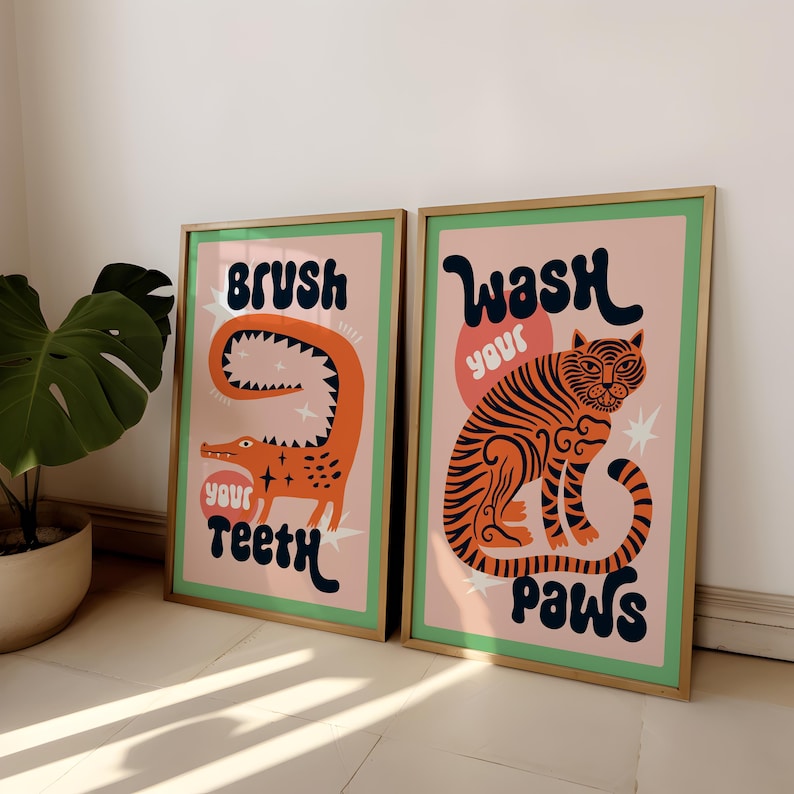 2pcs/set Tiger Wash Your Paws  - Home Bathroom Wall Art avis et prix