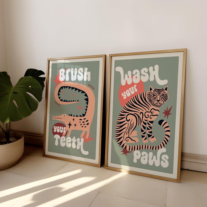 2pcs/set Tiger Wash Your Paws  - Home Bathroom Wall Art avis et prix