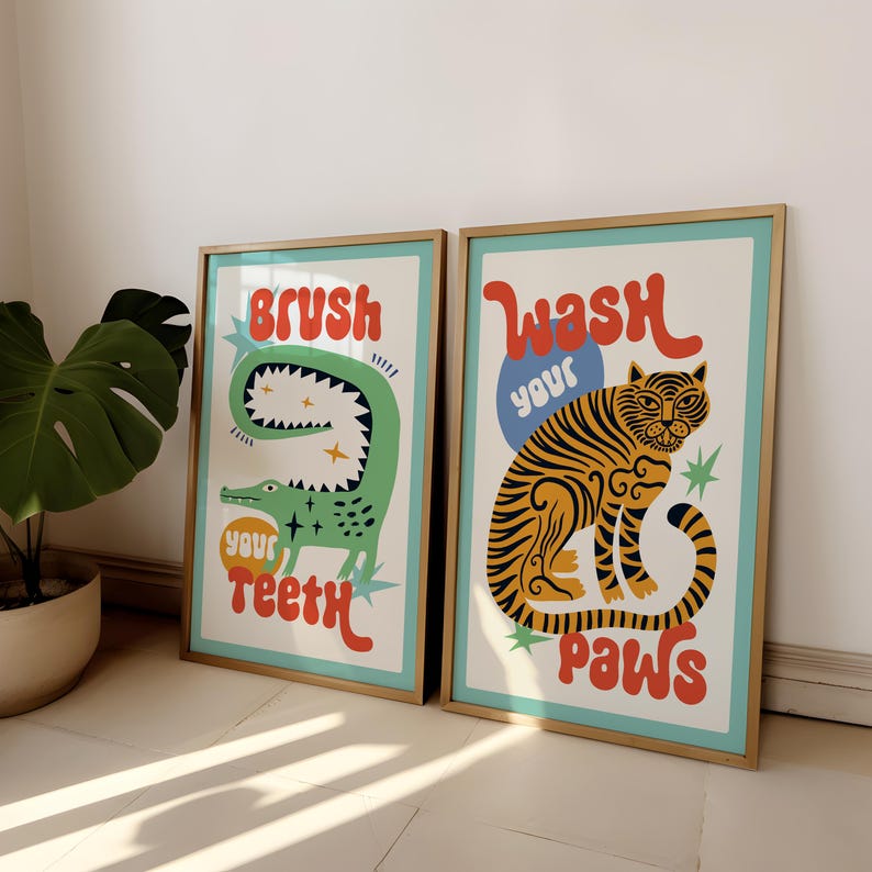 2pcs/set Tiger Wash Your Paws  - Home Bathroom Wall Art avis et prix