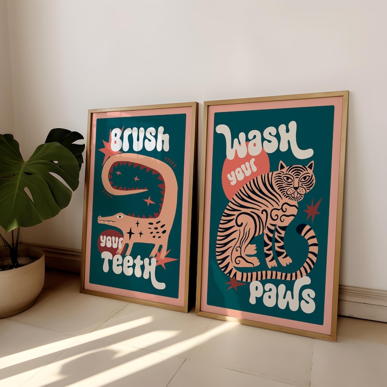 2pcs/set Tiger Wash Your Paws  - Home Bathroom Wall Art avis et prix